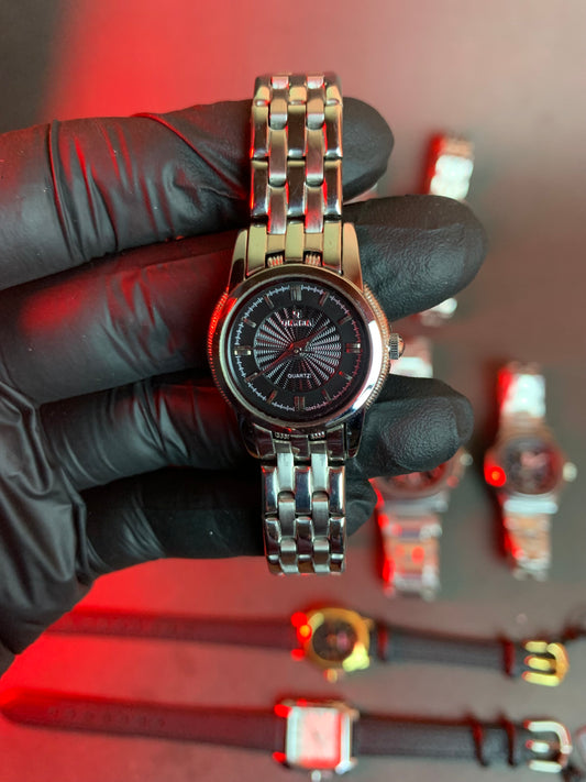 Qianba Ladies Classic Silver Watch - Textured Black Dial