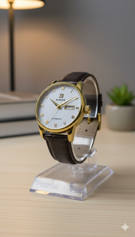 BINGER Automatic Day-Date Dress Watch - Gold Tone